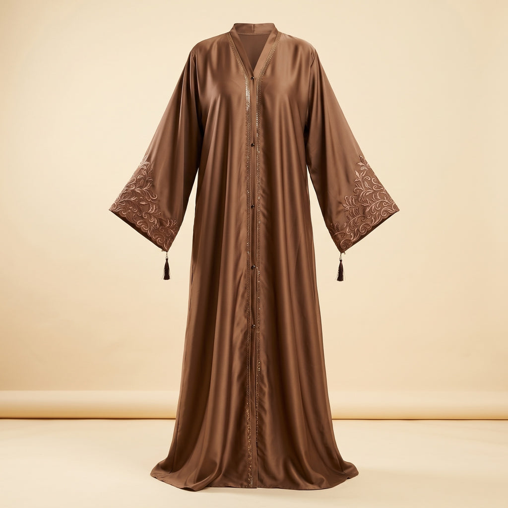 Elegant Beige Abaya with Maroon Leaf Design for Women & Girls