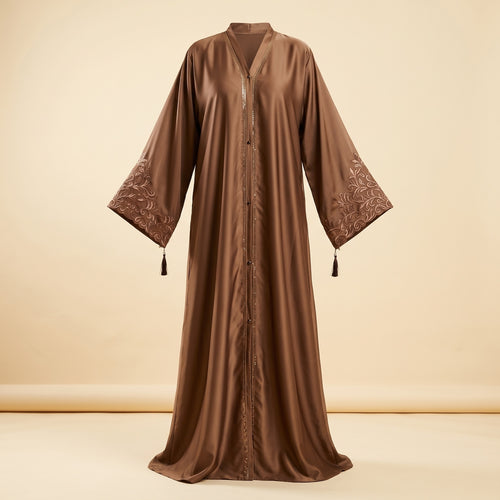 Elegant Beige Abaya with Maroon Leaf Design for Women & Girls