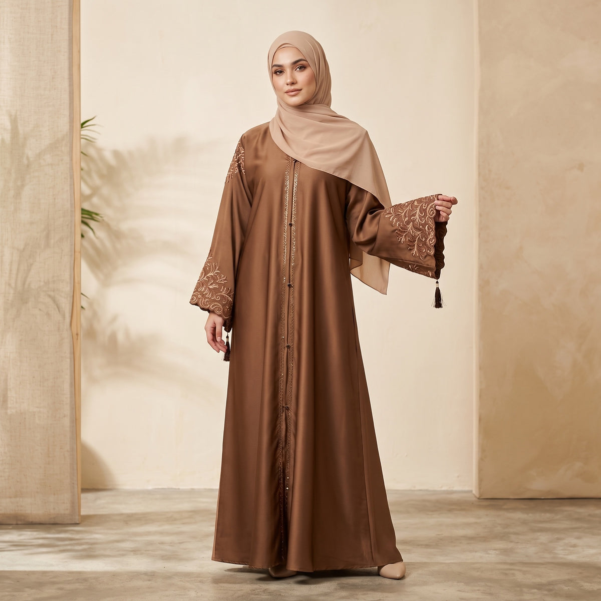Elegant Beige Abaya with Maroon Leaf Design for Women & Girls