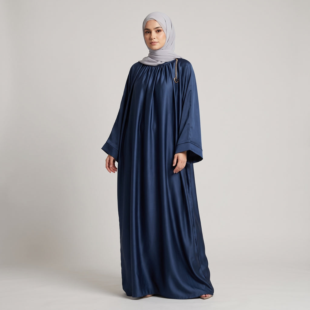 Elegant Navy Satin Abaya for Women & Girls